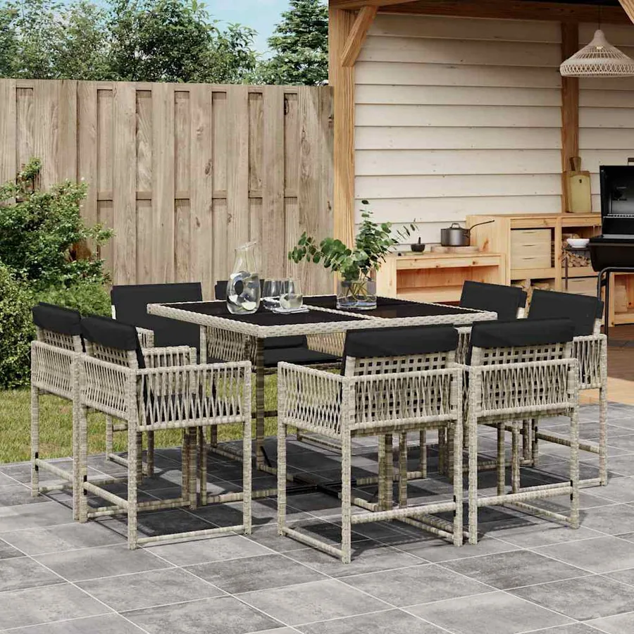 Ensemble à manger de jardin et coussins 9 pcs gris clair rotin