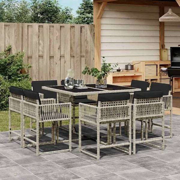 Ensemble à manger de jardin et coussins 9 pcs gris clair rotin