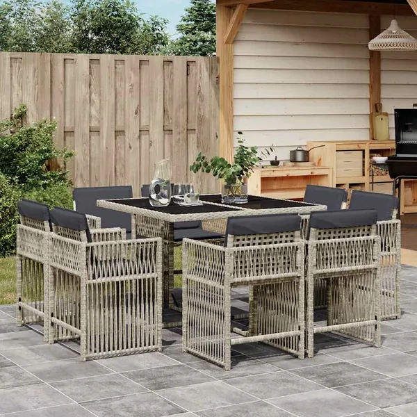 Ensemble à manger de jardin et coussins 9 pcs gris clair rotin