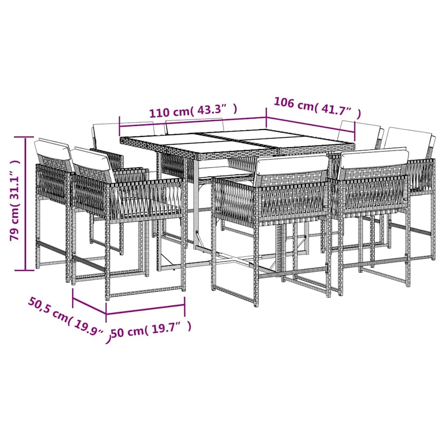 Ensemble à manger de jardin et coussins 9 pcs gris clair rotin - 8