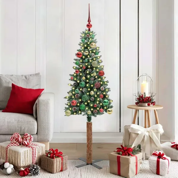 Sapin de Noël mince Vert 150 cm PVC et bois de pin massif