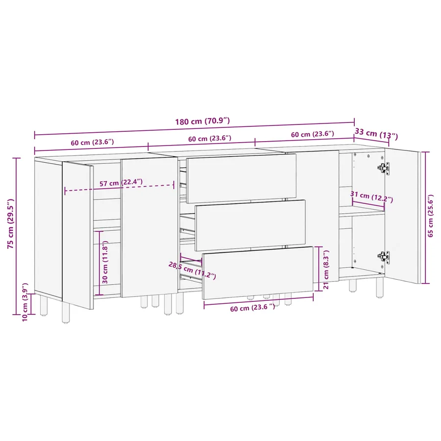 Buffet 3 pcs Finition Lavage Blanc 180 x 33 x 75 cm - 13