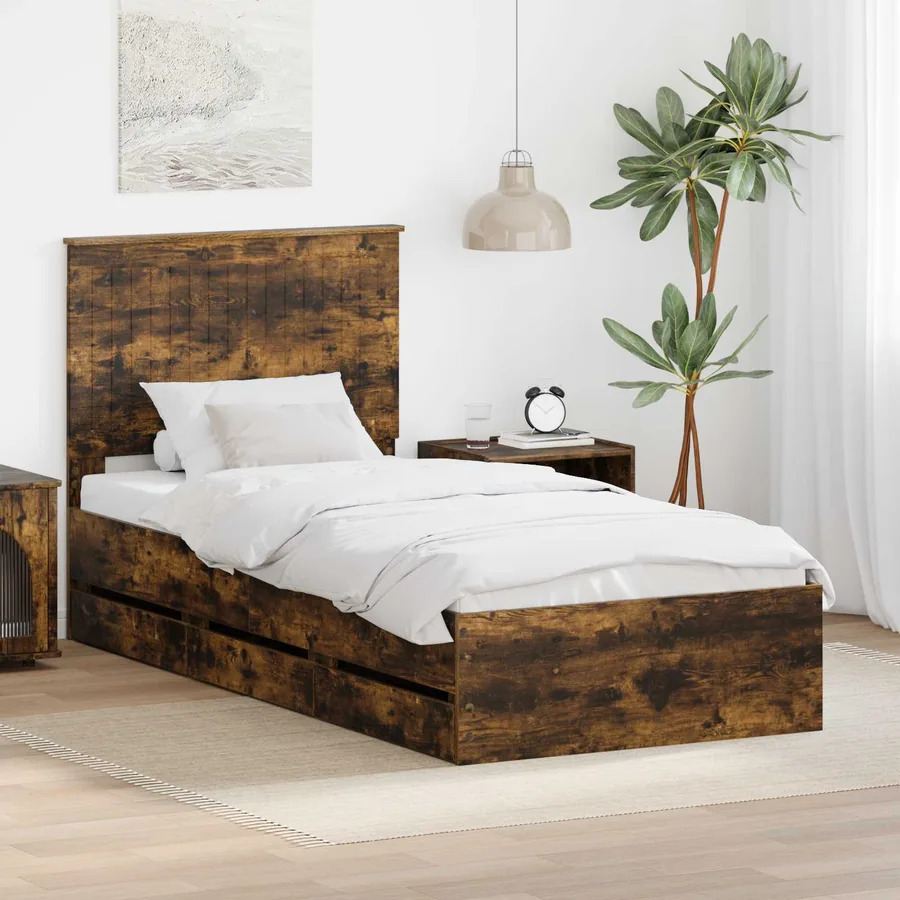 Cadre de lit avec tiroir Chêne fumé 90 x 190 cm Bois Ingénierie
