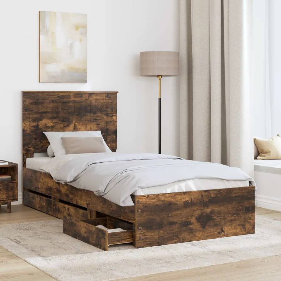 Cadre de lit avec tiroir Chêne fumé 90 x 190 cm Bois Ingénierie - 3