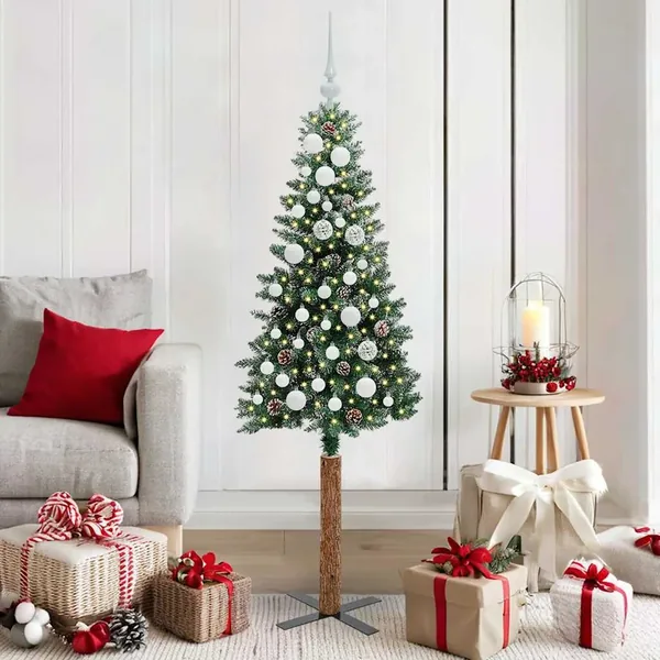 Sapin de Noël mince Vert 150 cm PVC et bois de pin massif