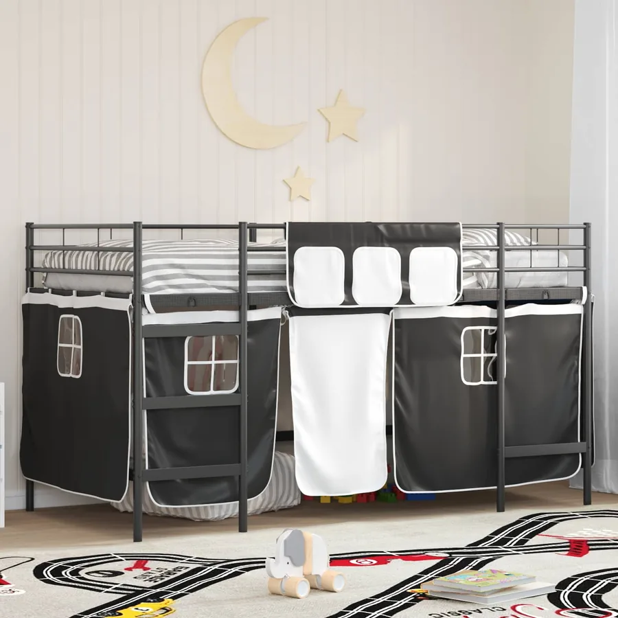 Cadre de Lit Mezzanine pour Enfants avec Rideaux Uni Noir