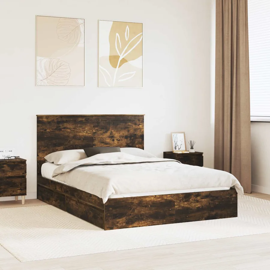 Lit de Rangement Chêne fumé 135 x 190 cm Bois d'ingénierie