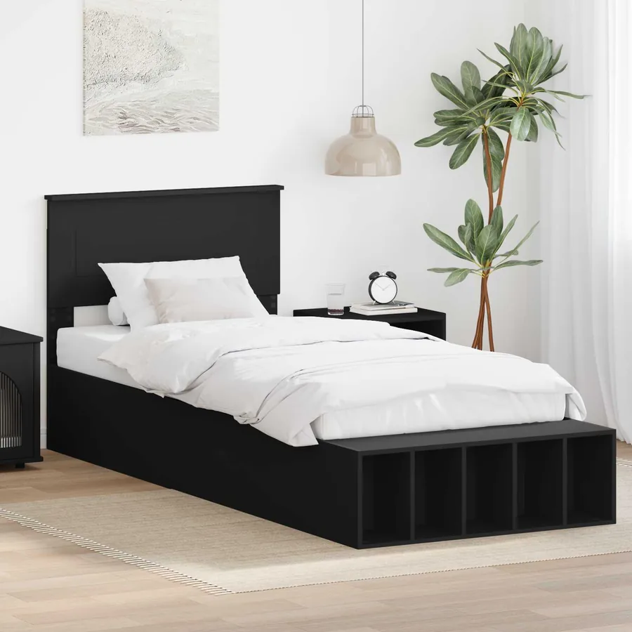 Cadre de lit avec étagère Noir 90 x 190 cm Bois d'ingénierie