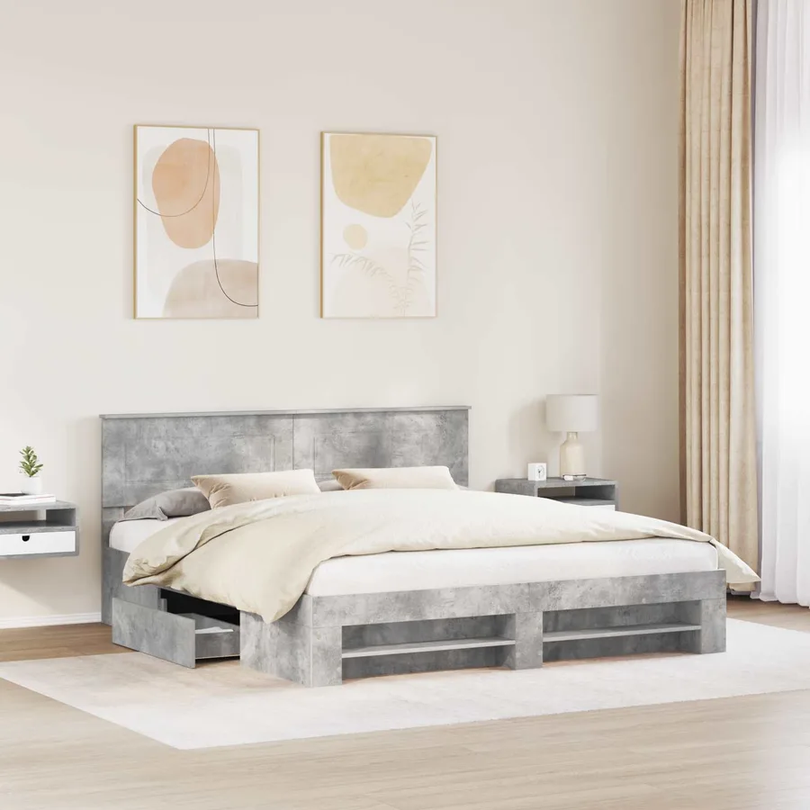 Cadre de lit Gris béton 200 x 200 cm Bois d'ingénierie - 3
