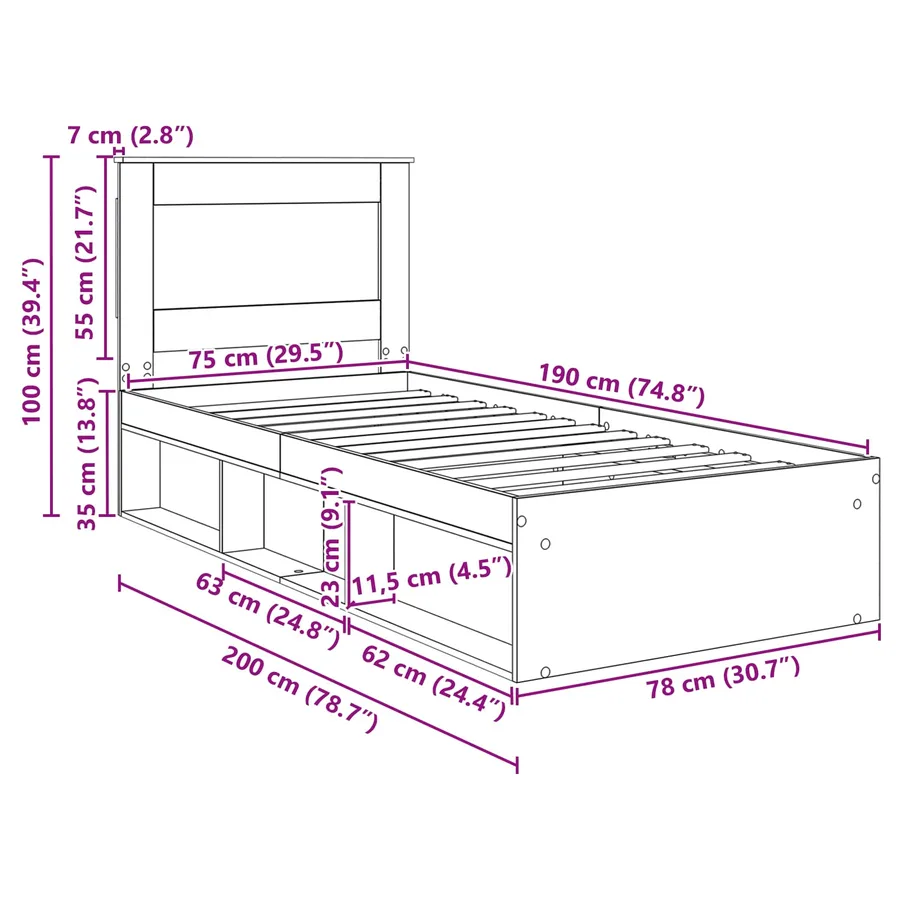 Cadre de lit avec tiroir Chêne Sonoma 75 x 190 cm Pin massif - 13