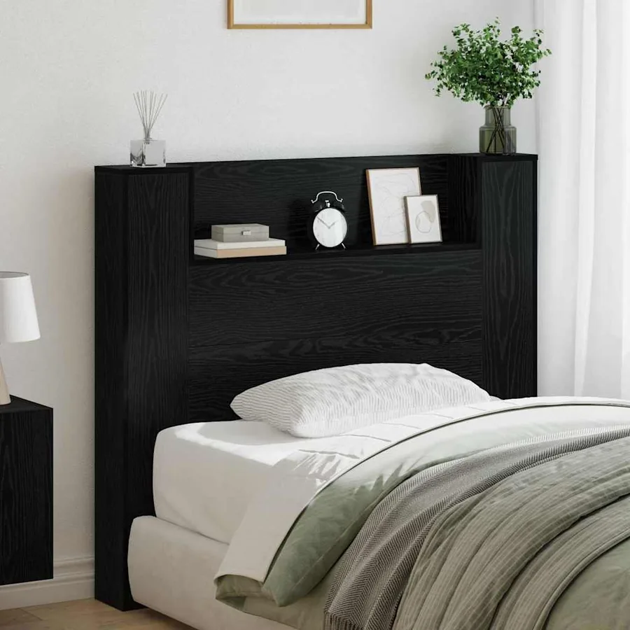 Tête de lit de rangement avec LED Chêne noir Bois d'ingénierie