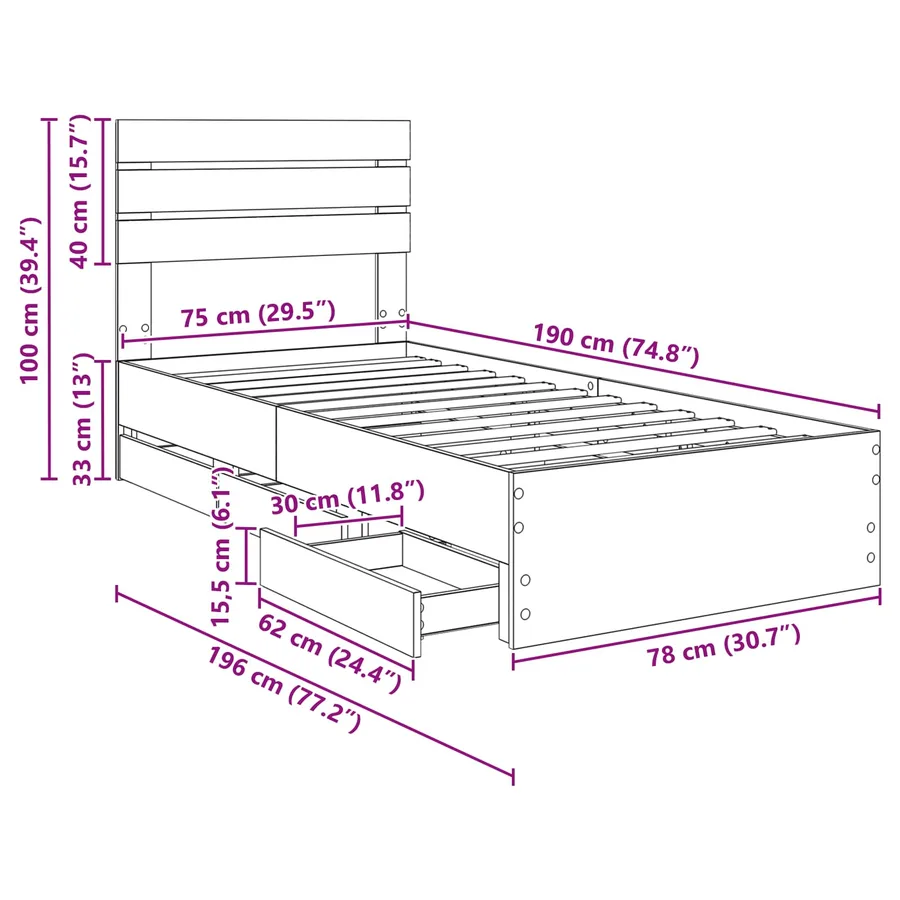 Cadre de lit Chêne Sonoma 75 x 190 cm Bois Ingénierie - 14