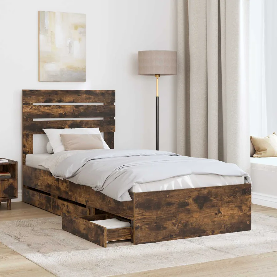 Cadre de lit avec tiroir Chêne fumé 75 x 190 cm Bois Ingénierie - 3