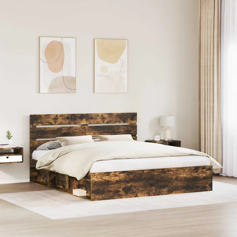Cadre de lit Chêne fumé 200 x 200 cm Bois de pin massif - 3