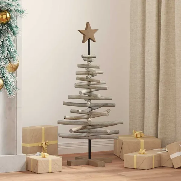 Sapin de Noël avec support Marron 90 cm Bois de teck solide