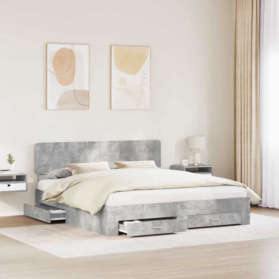 Cadre de lit Gris béton 200 x 200 cm Bois d'ingénierie - 3