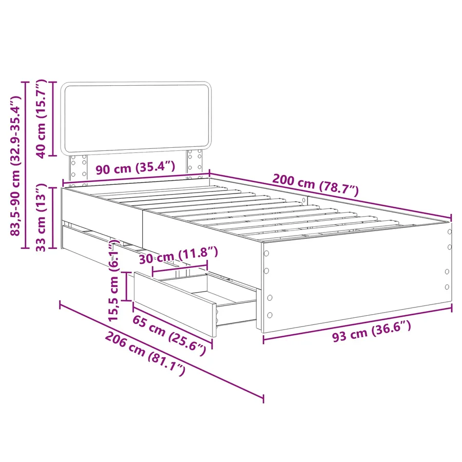 Cadre de lit Chêne brun 90 x 200 cm Bois d’ingénierie - 14