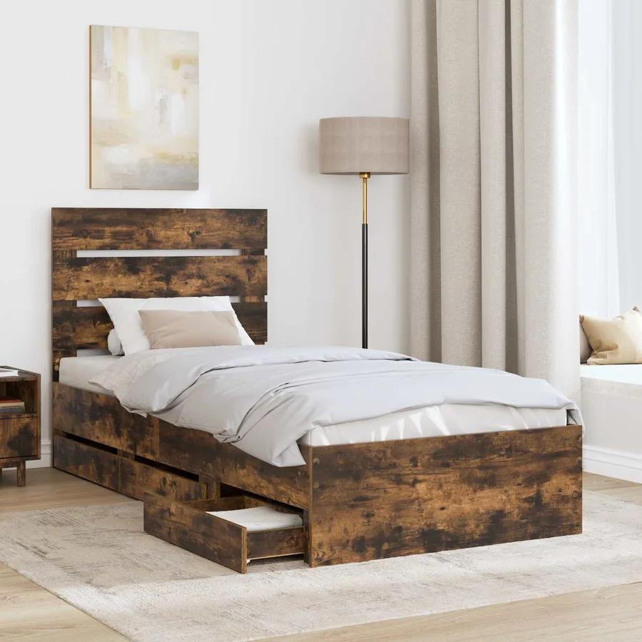 Cadre de lit avec tiroir Chêne fumé 90 x 190 cm Bois Ingénierie - 3