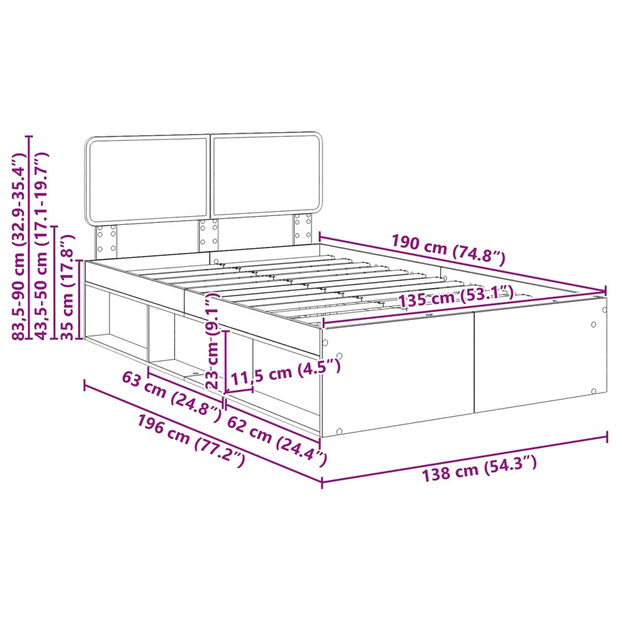 Cadre de lit Gris Sonoma 135 x 190 cm Pin massif - 13