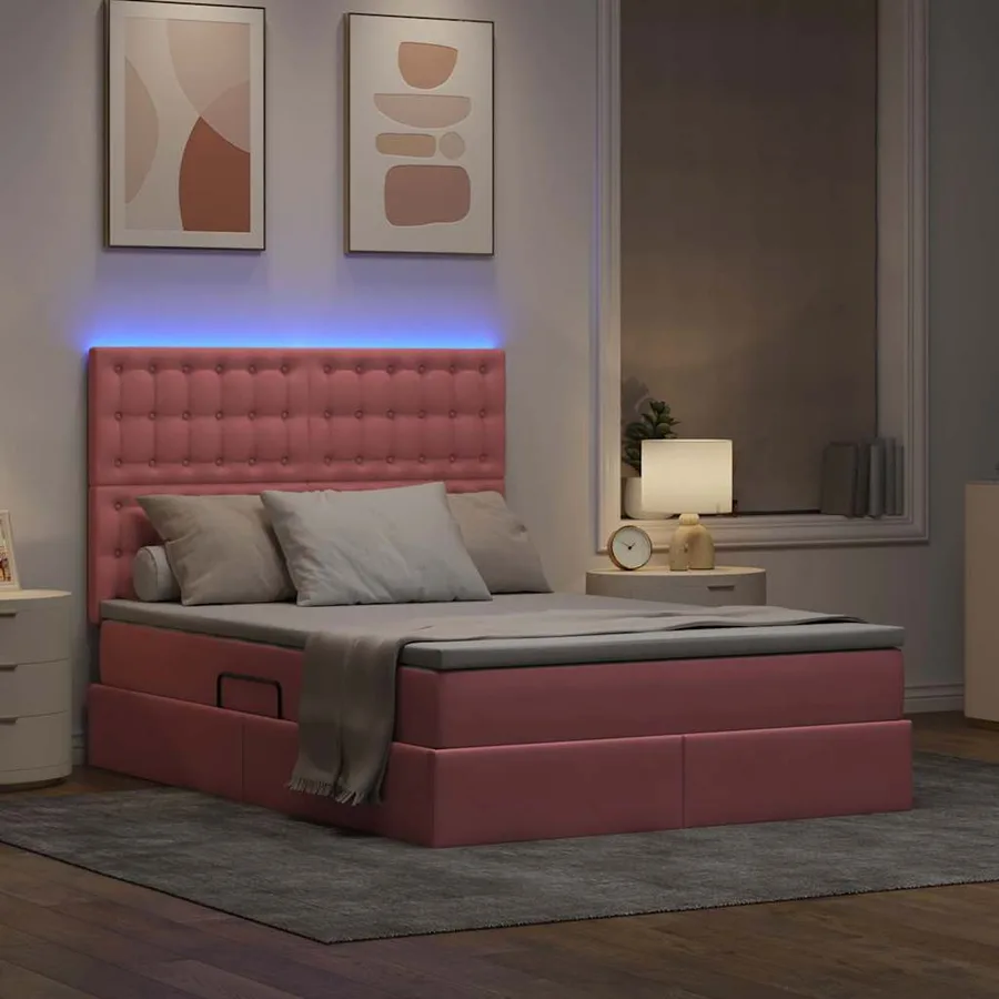 Lit de rangement LED avec matelas Rose 140 x 200 cm Velours - 5