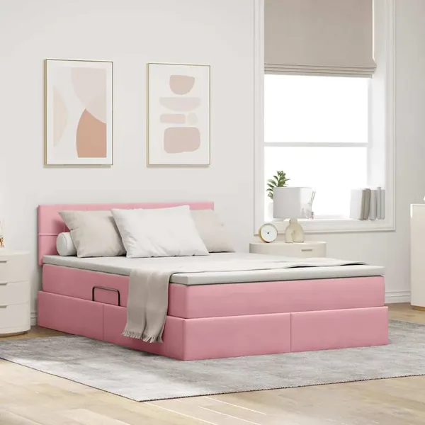 Lit de Rangement avec matelas Rose 140 x 200 cm Velours