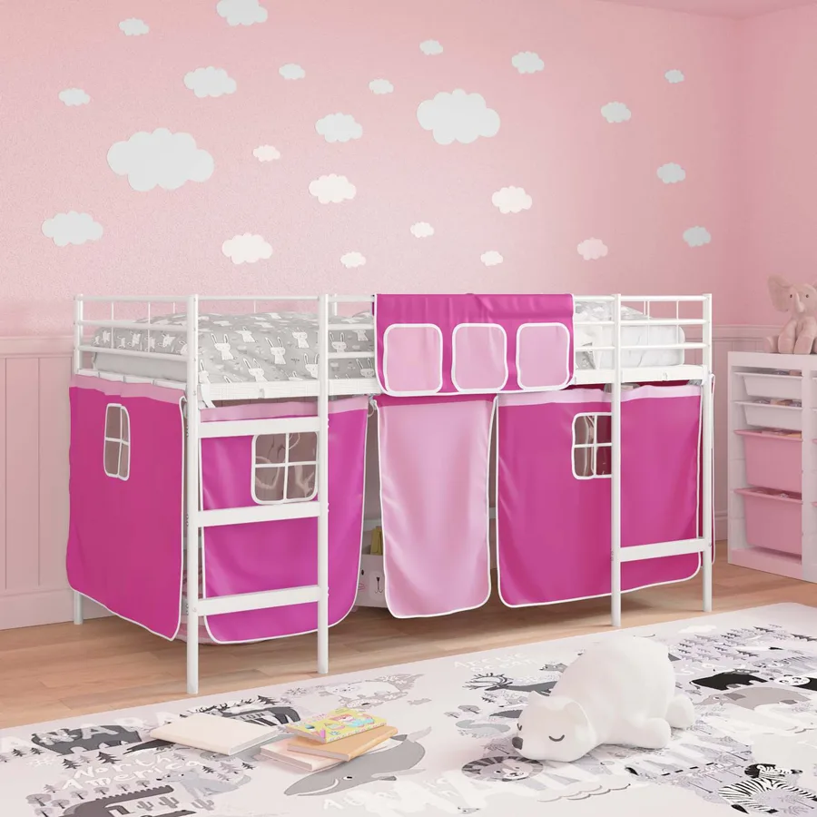 Cadre de Lit Mezzanine pour Enfants avec Rideaux Blanc et rose - 3