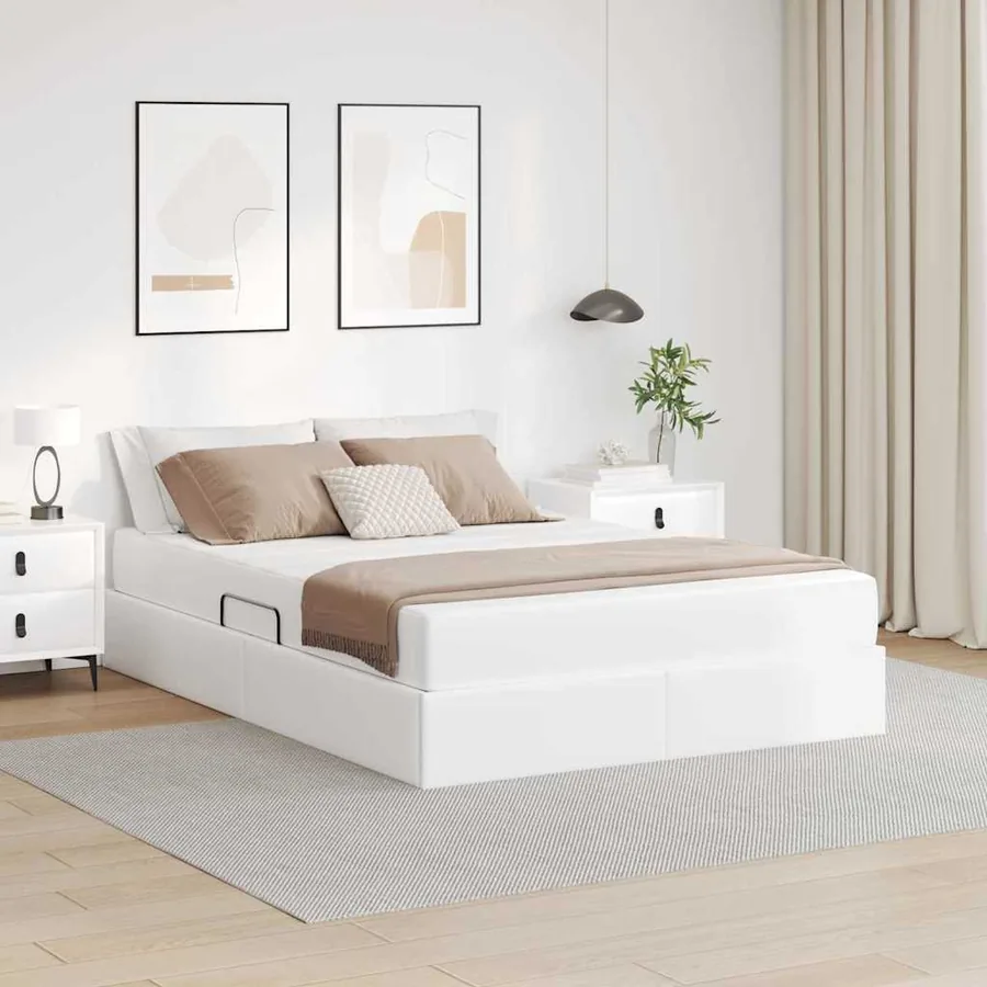 Lit avec rangement et matelas avec matelas 2 pcs Blanc Cuir