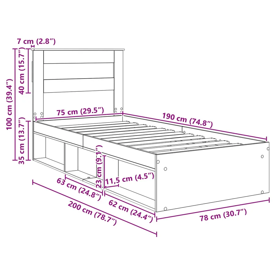 Cadre de lit avec stockage Noir 75 x 190 cm Bois de pin massif - 13
