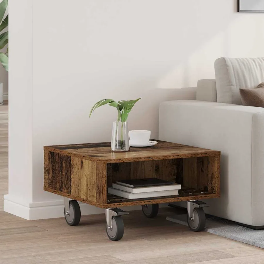 Table d'appoint avec roues Bois ancien 50,5 x 50 x 30 cm