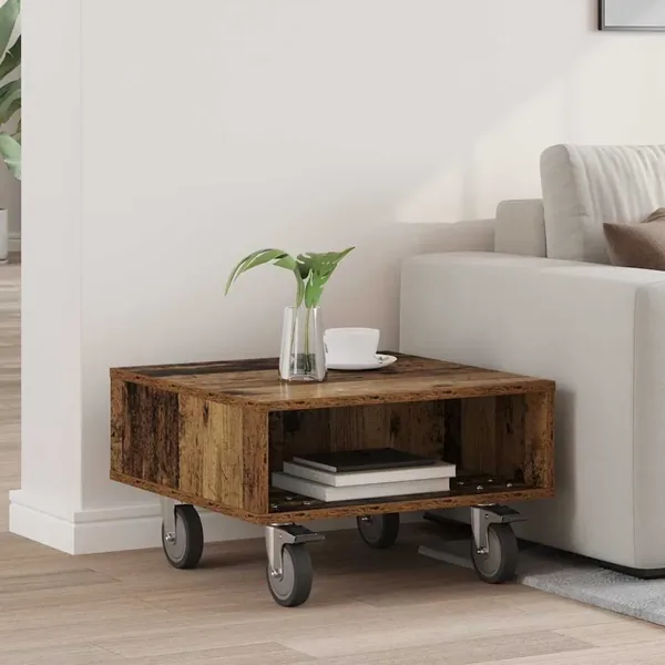 Table d'appoint avec roues Bois ancien 50,5 x 50 x 30 cm