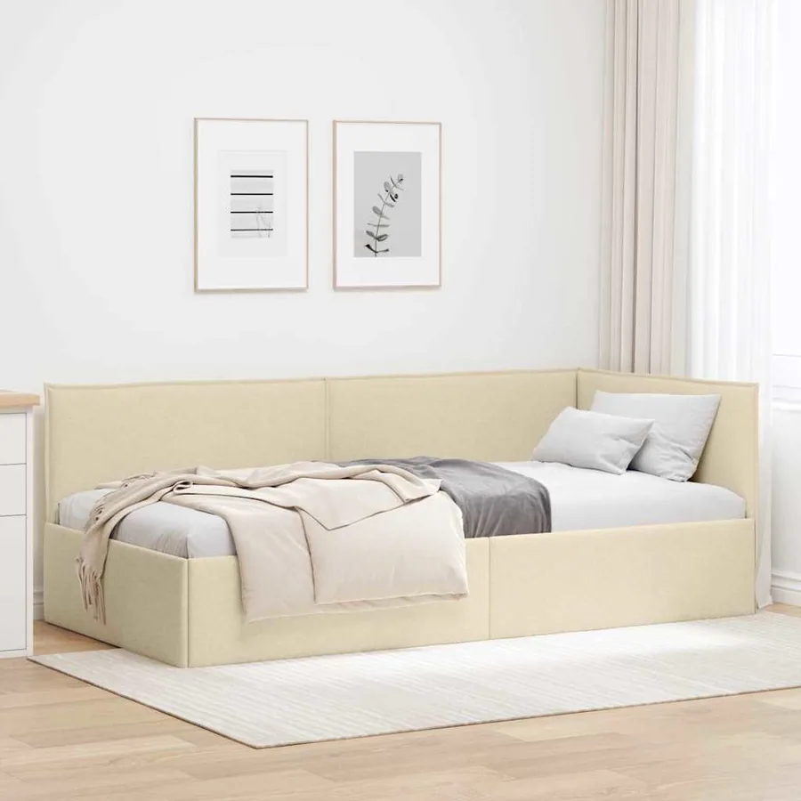 Cadre de lit d'angle avec tête de lit Crème 100 x 200 cm tissu