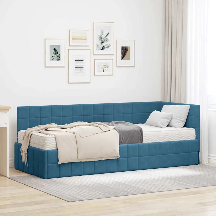 Cadre de lit d'angle avec matelas 2 pcs Bleu Velours