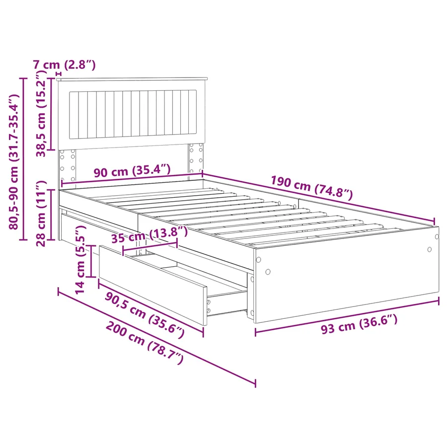 Lit de Rangement avec tiroir Noir 90 x 190 cm Bois d'ingénierie - 14