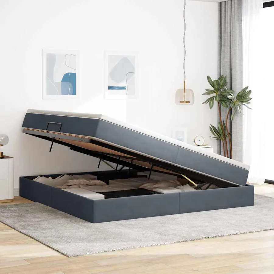 Lit avec rangement et matelas Gris foncé 200 x 200 cm Velours - 4
