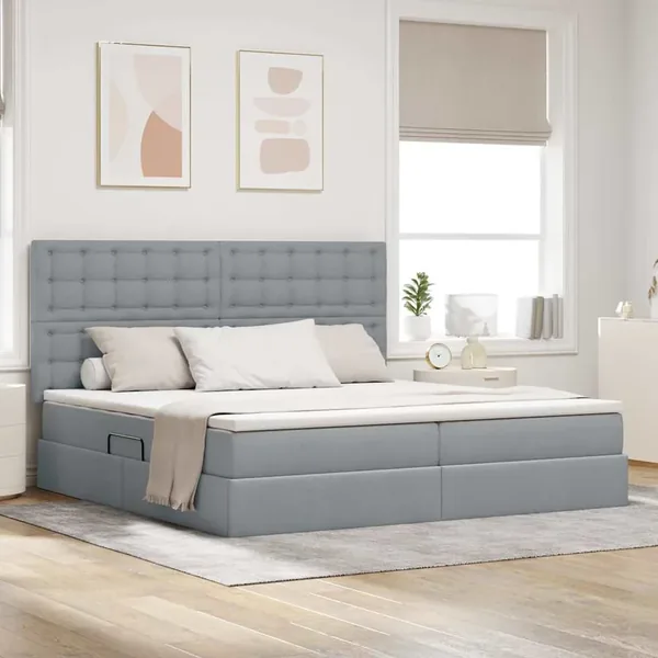 Lit avec rangement et matelas Gris clair 200 x 200 cm tissu