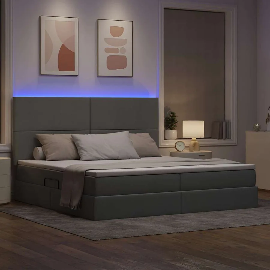 Lit de rangement LED avec matelas Gris clair 200 x 200 cm Tissu - 5