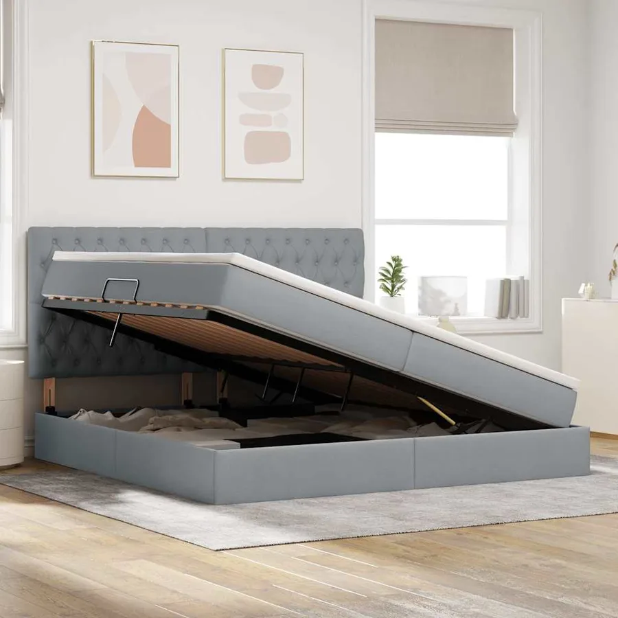 Lit de rangement LED avec matelas Gris clair 200 x 200 cm Tissu - 4