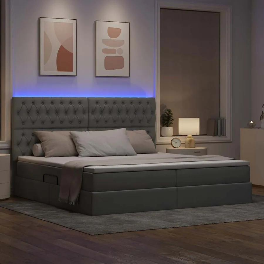 Lit de rangement LED avec matelas Gris clair 200 x 200 cm Tissu - 5