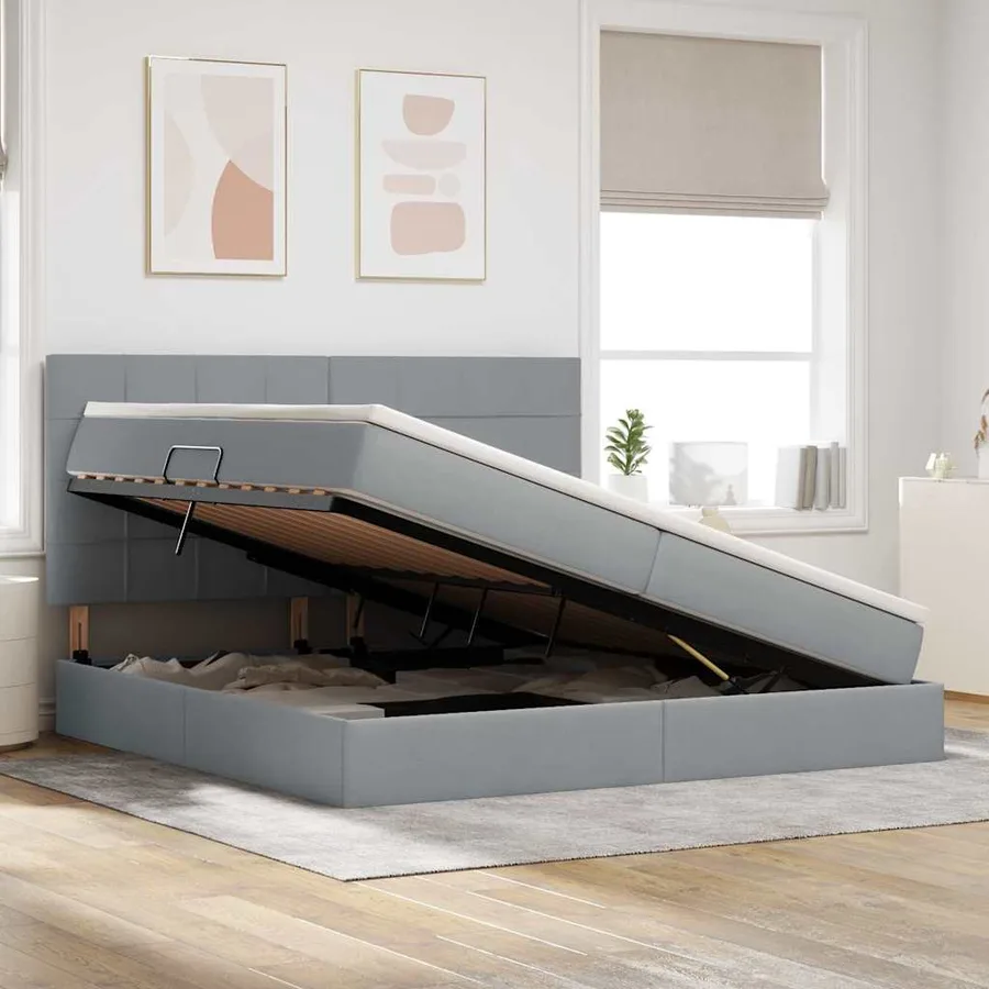 Lit de rangement LED avec matelas Gris clair 200 x 200 cm Tissu - 4