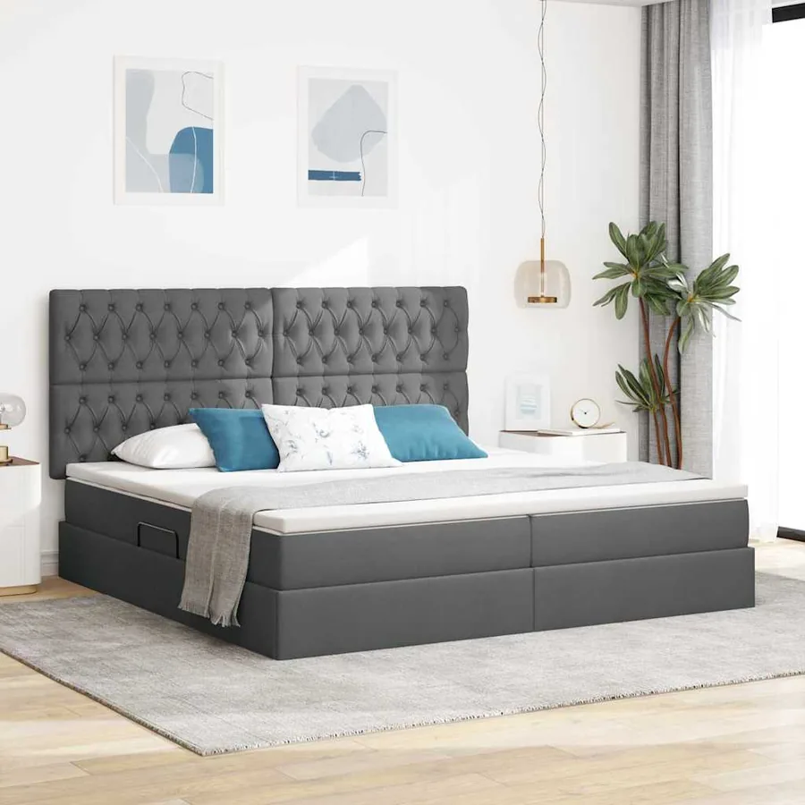 Lit avec rangement et matelas Gris foncé 200 x 200 cm tissu