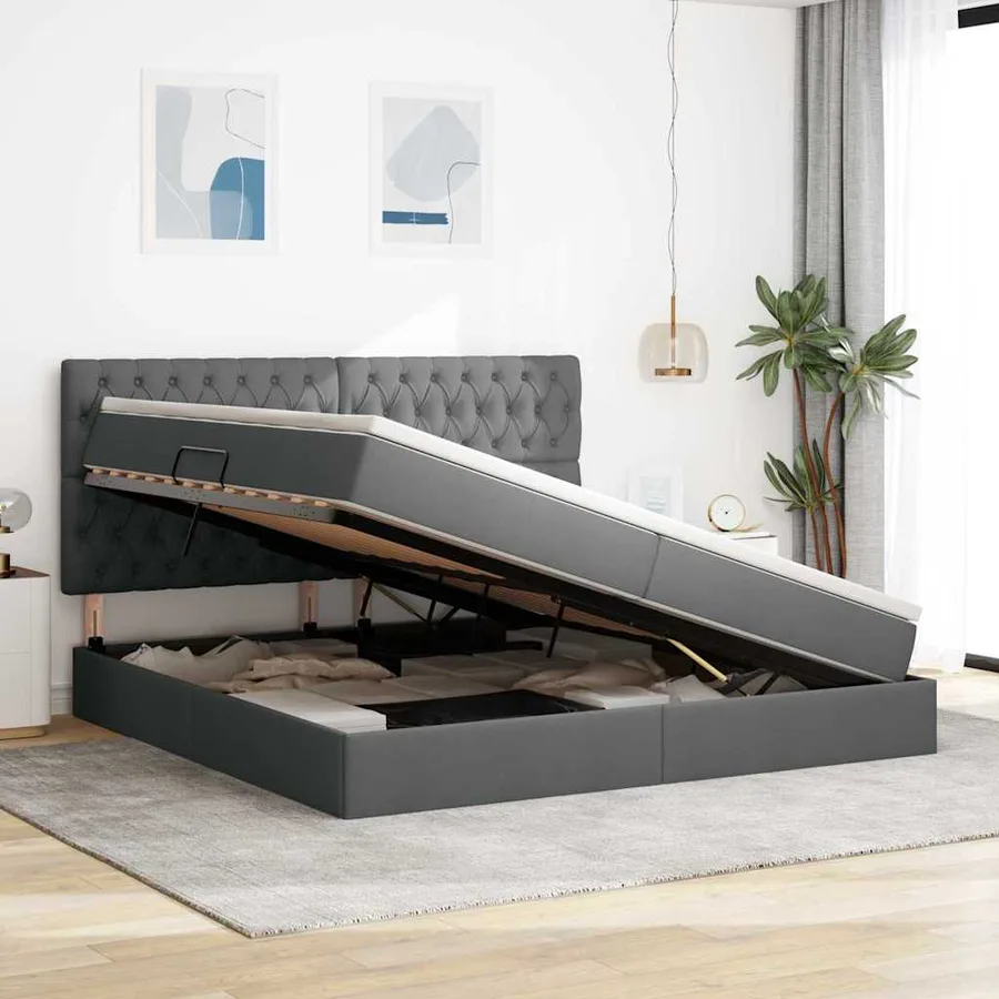 Lit avec rangement et matelas Gris foncé 200 x 200 cm tissu - 4