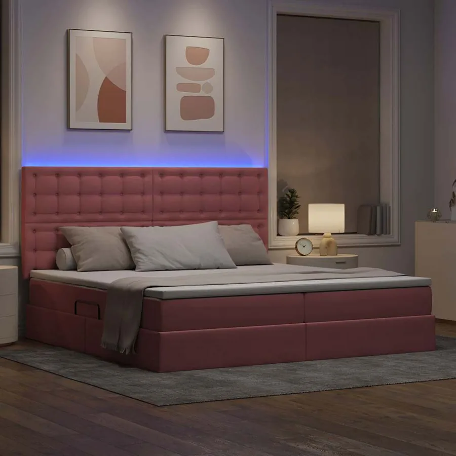 Lit de rangement LED avec matelas Rose 200 x 200 cm Velours - 5