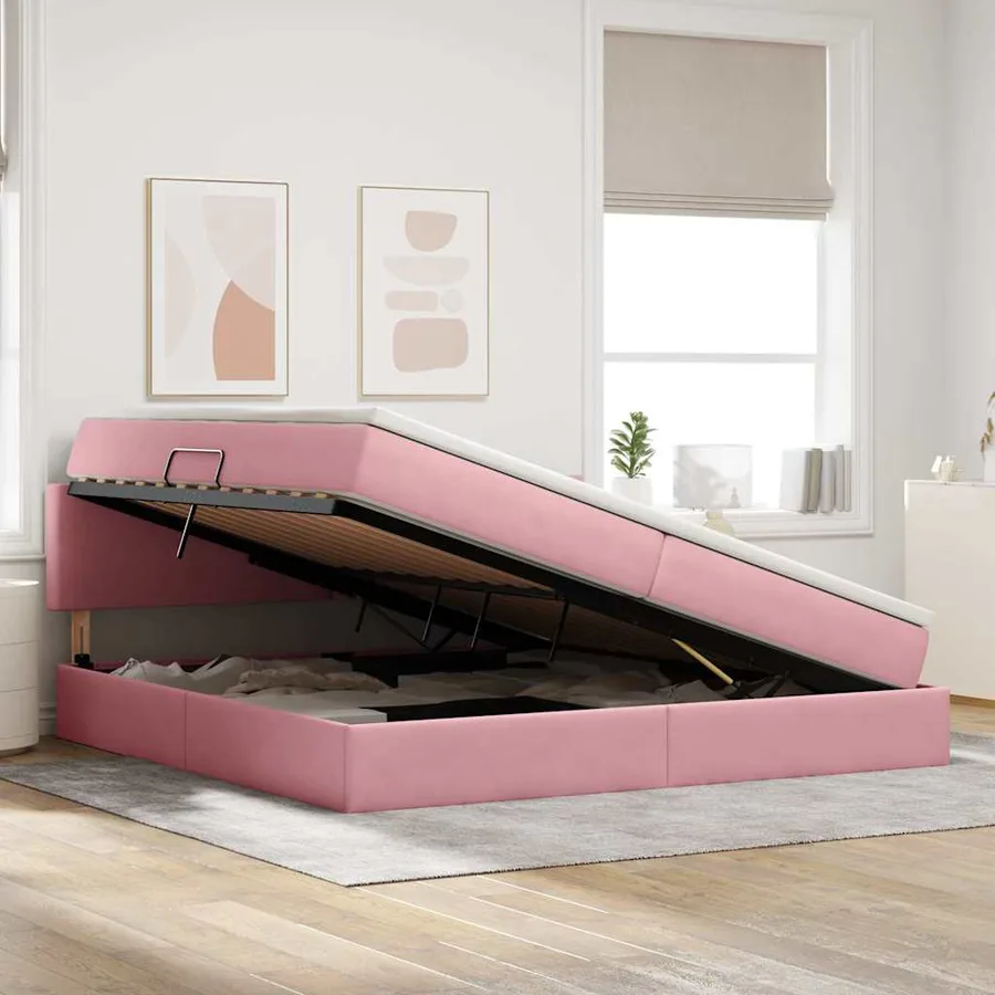 Lit de Rangement avec matelas Rose 200 x 200 cm Velours - 4