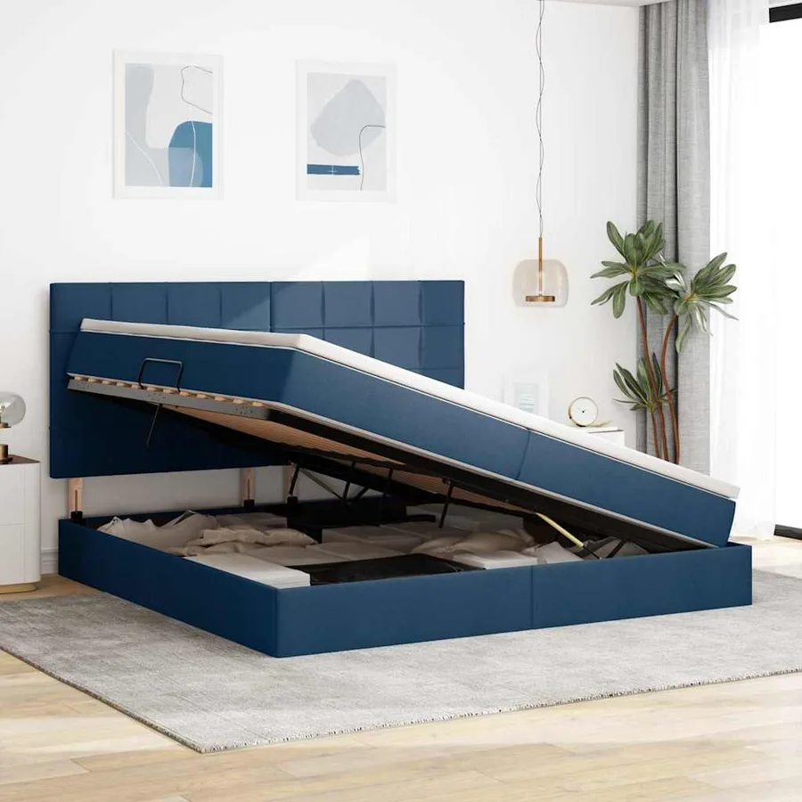 Lit avec rangement et matelas Bleu 200 x 200 cm tissu - 4