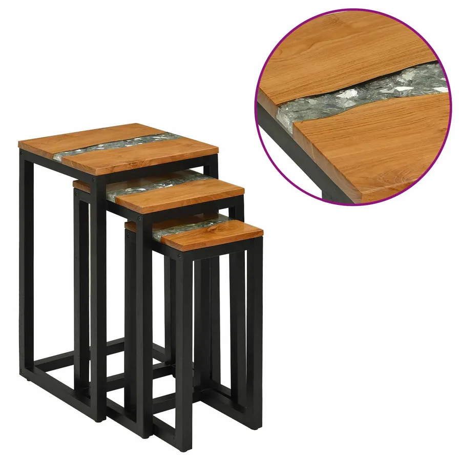 Table Gigogne 3 pc Marron Bois de teck massif - 3
