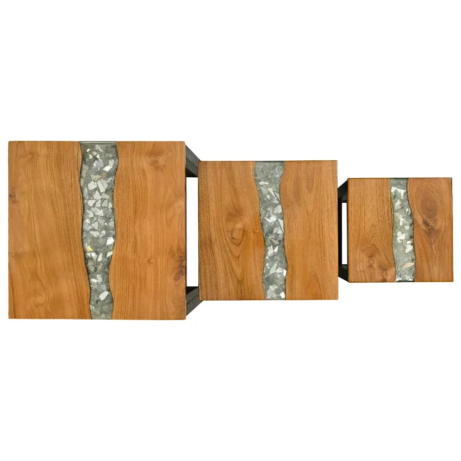 Table Gigogne 3 pc Marron Bois de teck massif - 5