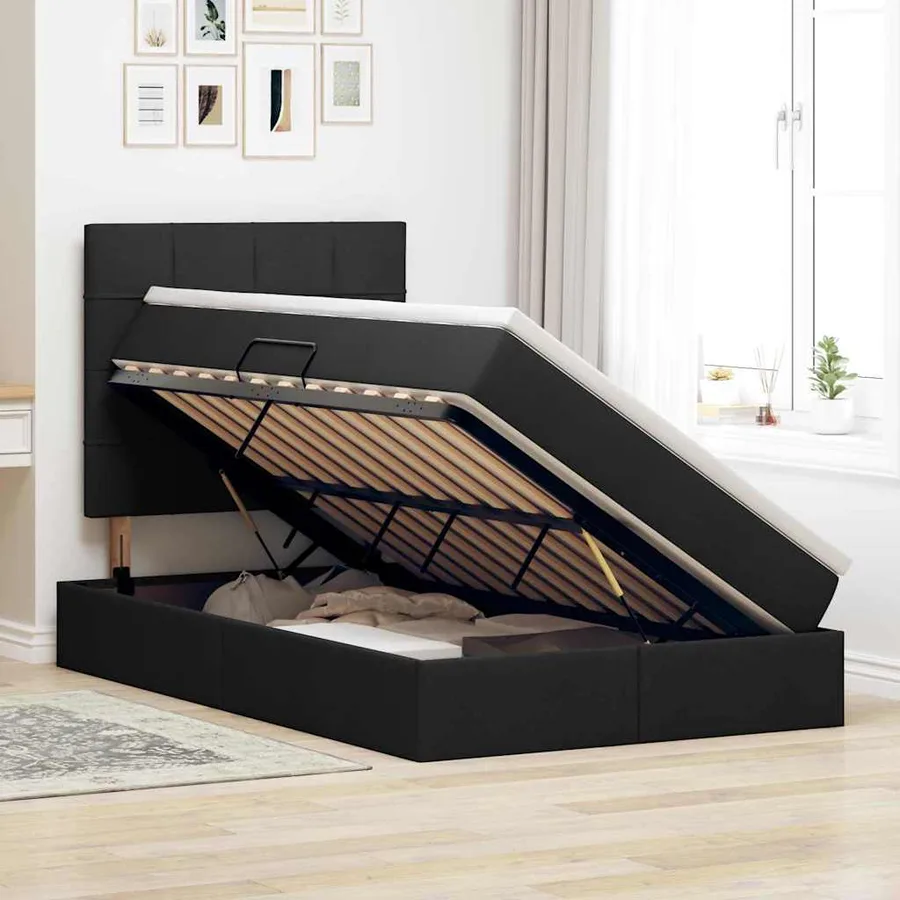 Lit de rangement LED avec matelas Noir 120 x 190 cm Tissu - 4