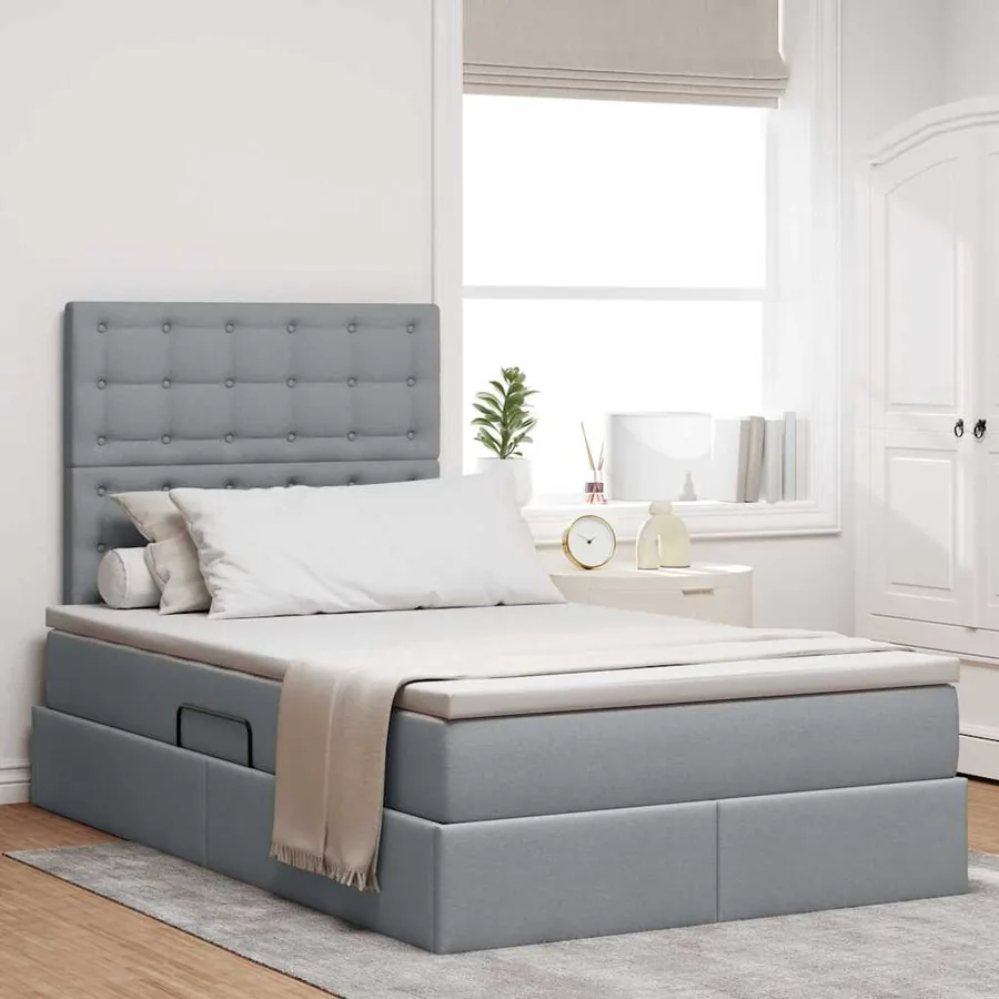 Lit avec rangement et matelas Gris clair 120 x 200 cm tissu