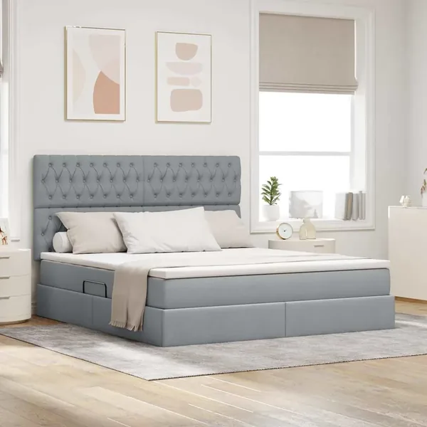 Lit avec rangement et matelas Gris clair 160 x 200 cm tissu