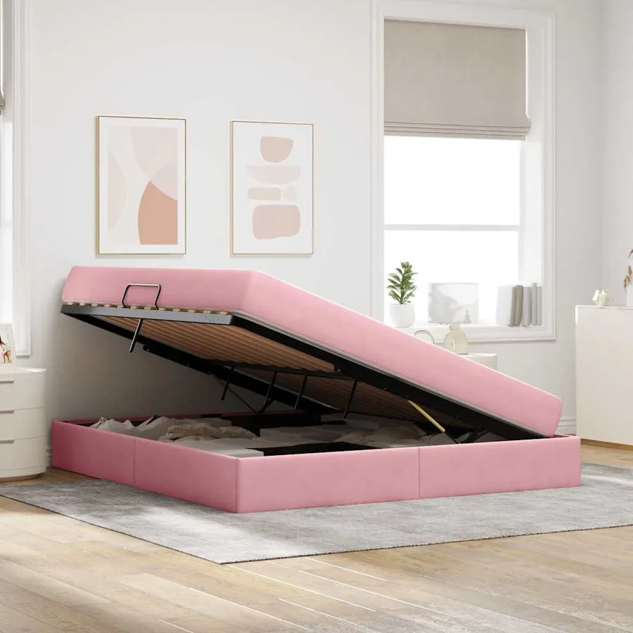 Lit avec rangement et matelas Rose 160 x 200 cm Velours - 4